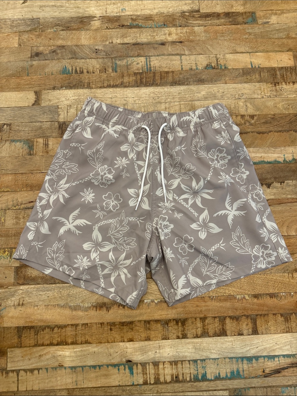 Hollister Gray Floral Swim Trunks - Elastic Waist with Drawstring